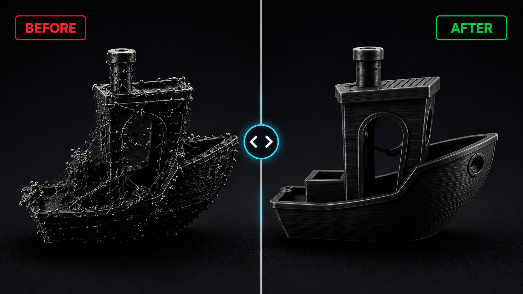 Before and after 3D print quality comparison