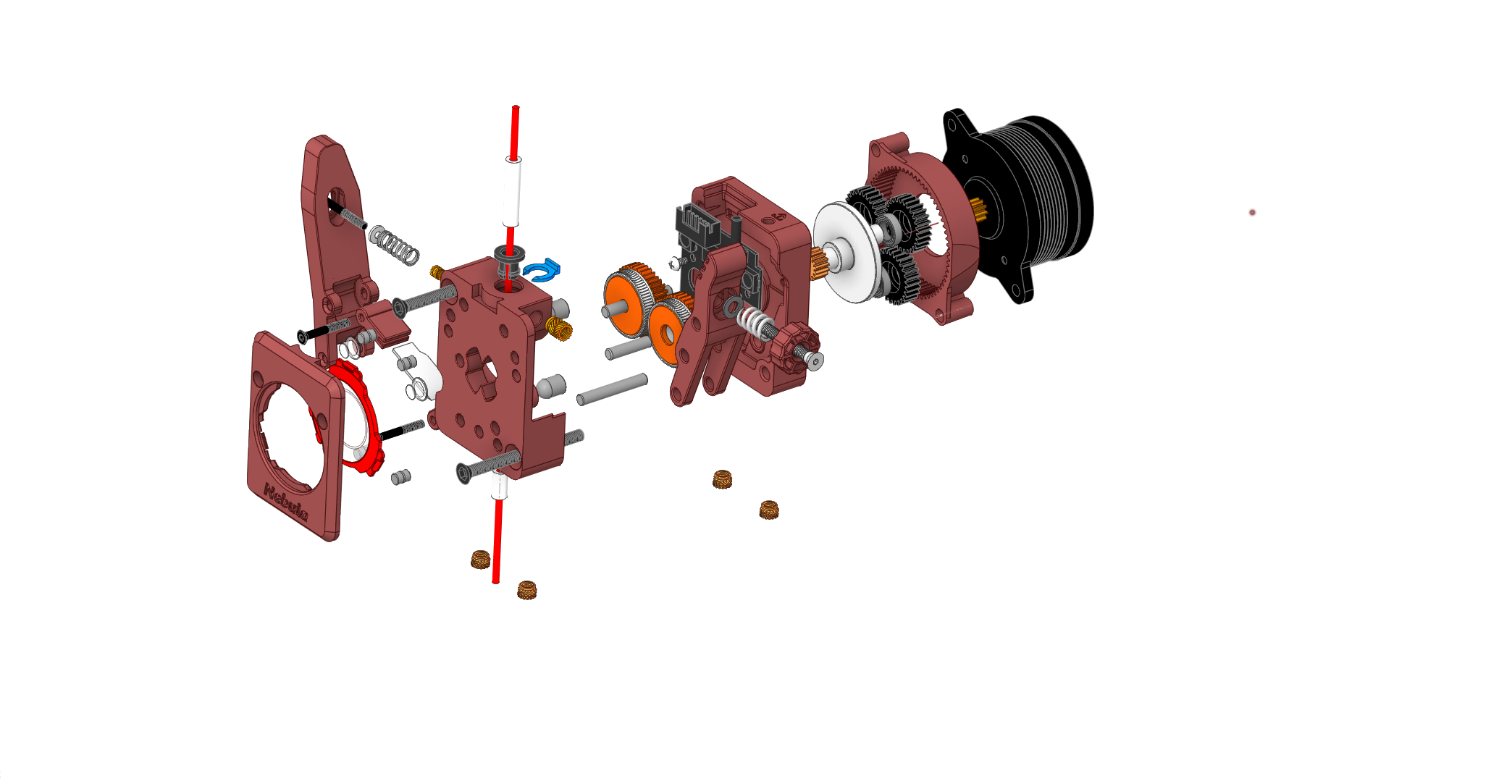 Explosionsansicht der NebulaTor Baugruppe mit Korper, Hebel, Zahnradern, PCB, Motor, Frontabdeckung, Einsatzen und Befestigungen.