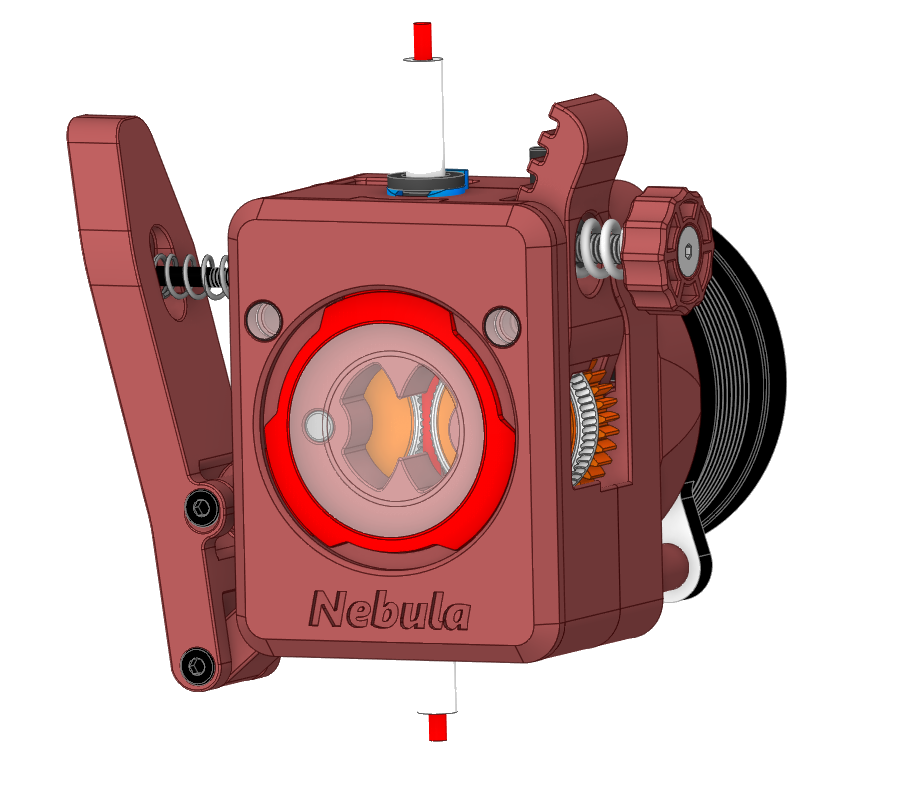 Angled NebulaTor render showing the front window, idler lever, spring preload mechanism, and motor side.